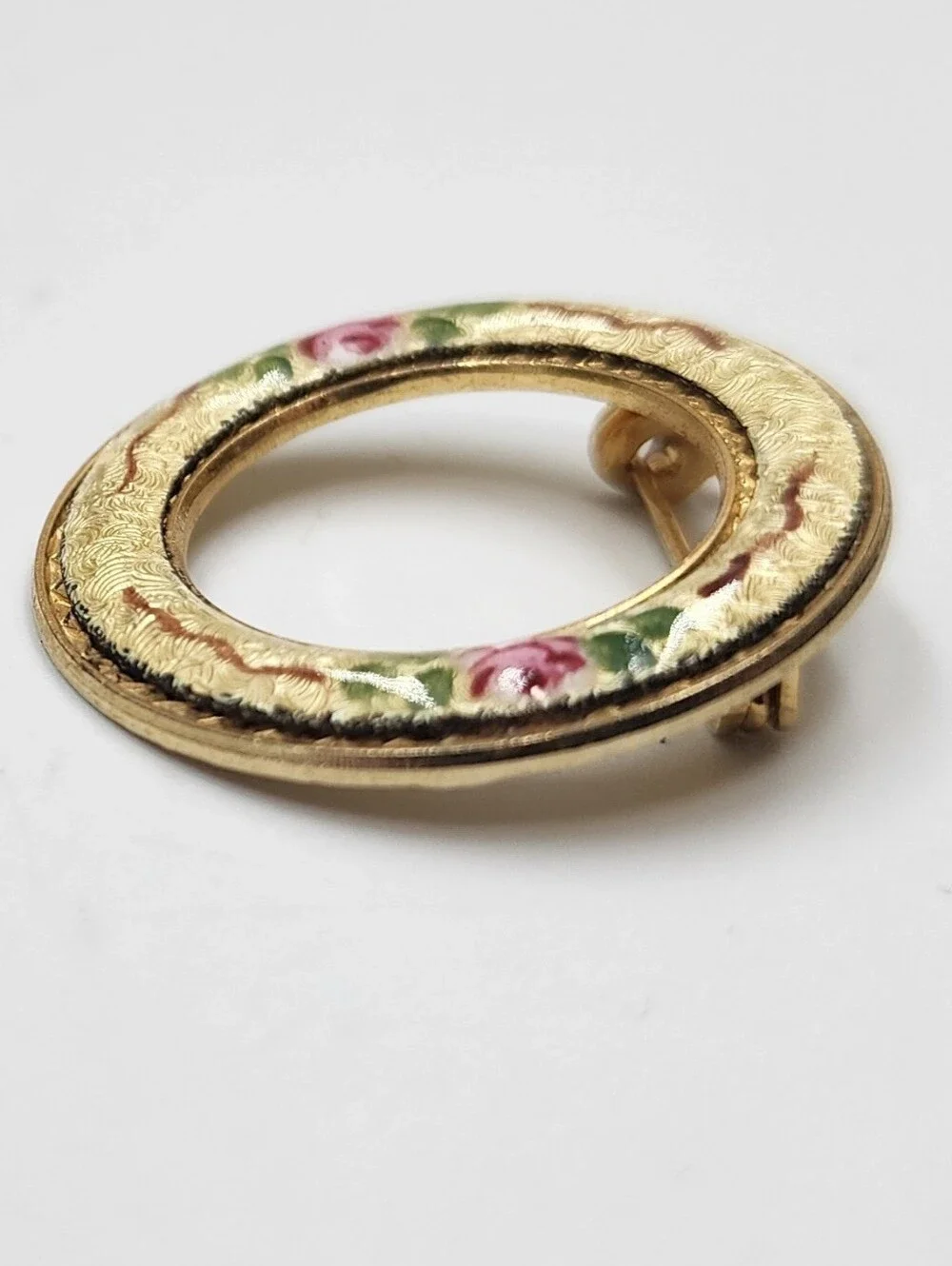 Vintage guilloche enamel circle floral brooch Gold Tone Pin VTG 1
